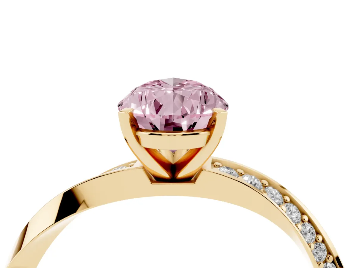Fancy Pink Pear Cut Diamond Engagement Ring with Side Stone Accents and Four-Prong Setting Yellow gold