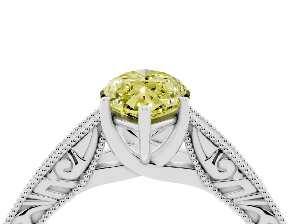 Fancy Yellow Marquise Cut Diamond Solitaire Ring with Engraved Band and Four-Prong Setting Silver