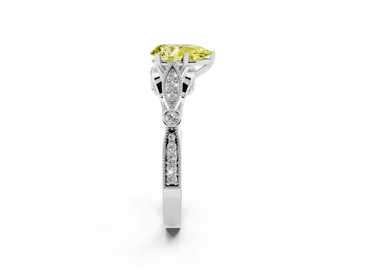 Fancy Yellow Pear Cut Cut Diamond with Milgrain Marquise and Bezel Accents on a Solitaire Band with Prong Setting Silver