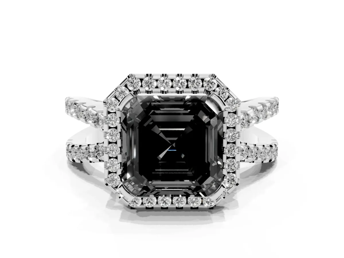 Fancy Black Asscher Cut Diamond Halo Ring with Split Shank Pavé Band and Prong Setting Silver