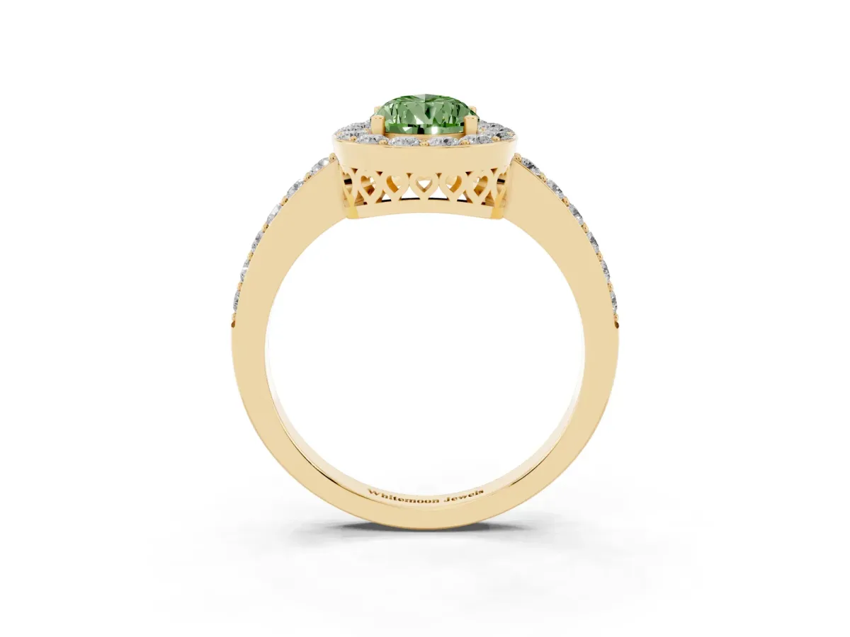 Fancy Green Pear Cut Halo Diamond Pavé Band Ring with Prong Setting Yellow gold
