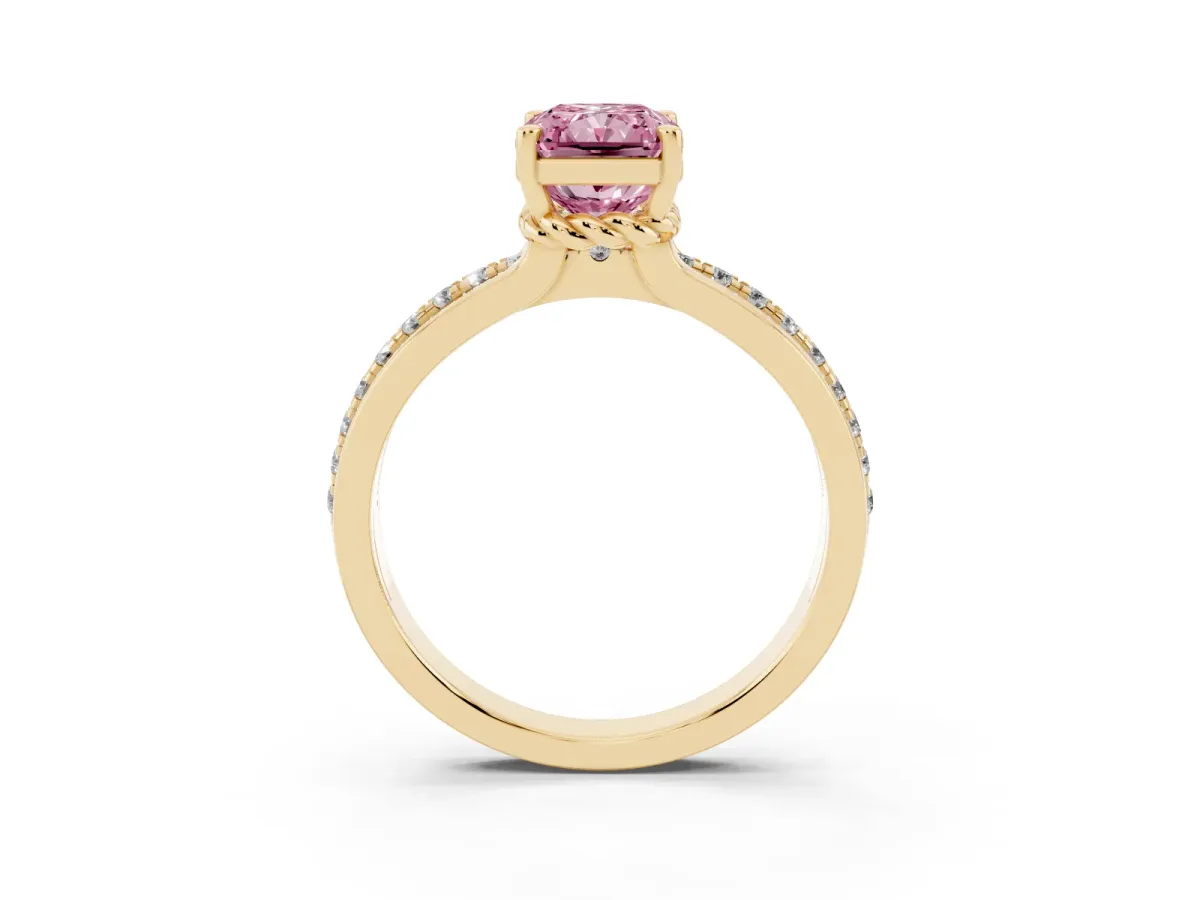 Fancy Pink Radiant Cut Solitaire Diamond Ring with Channel Set Band and Six-Prong Setting Yellow gold