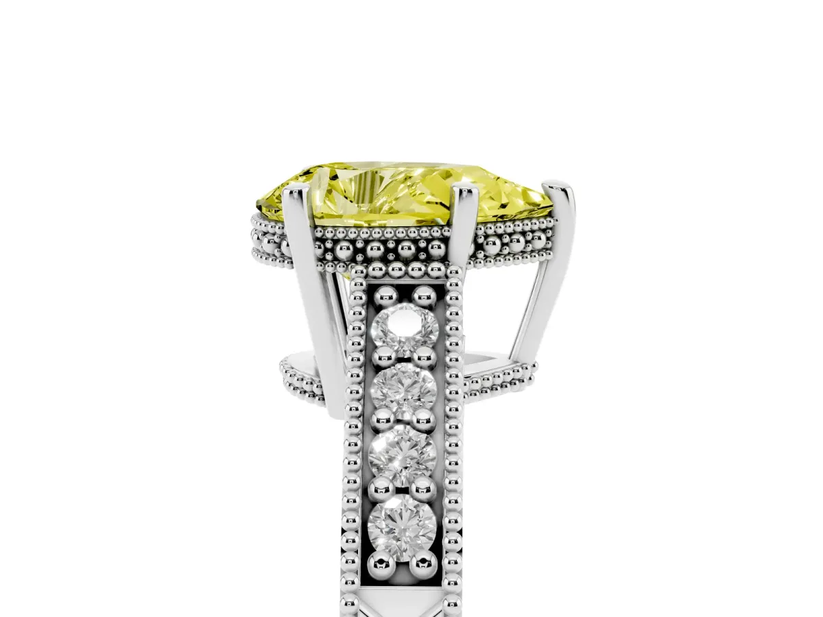 Fancy Yellow Pear Cut Solitaire Pavé Diamond Milgrain Engagement Ring with Four-Prong Setting Silver