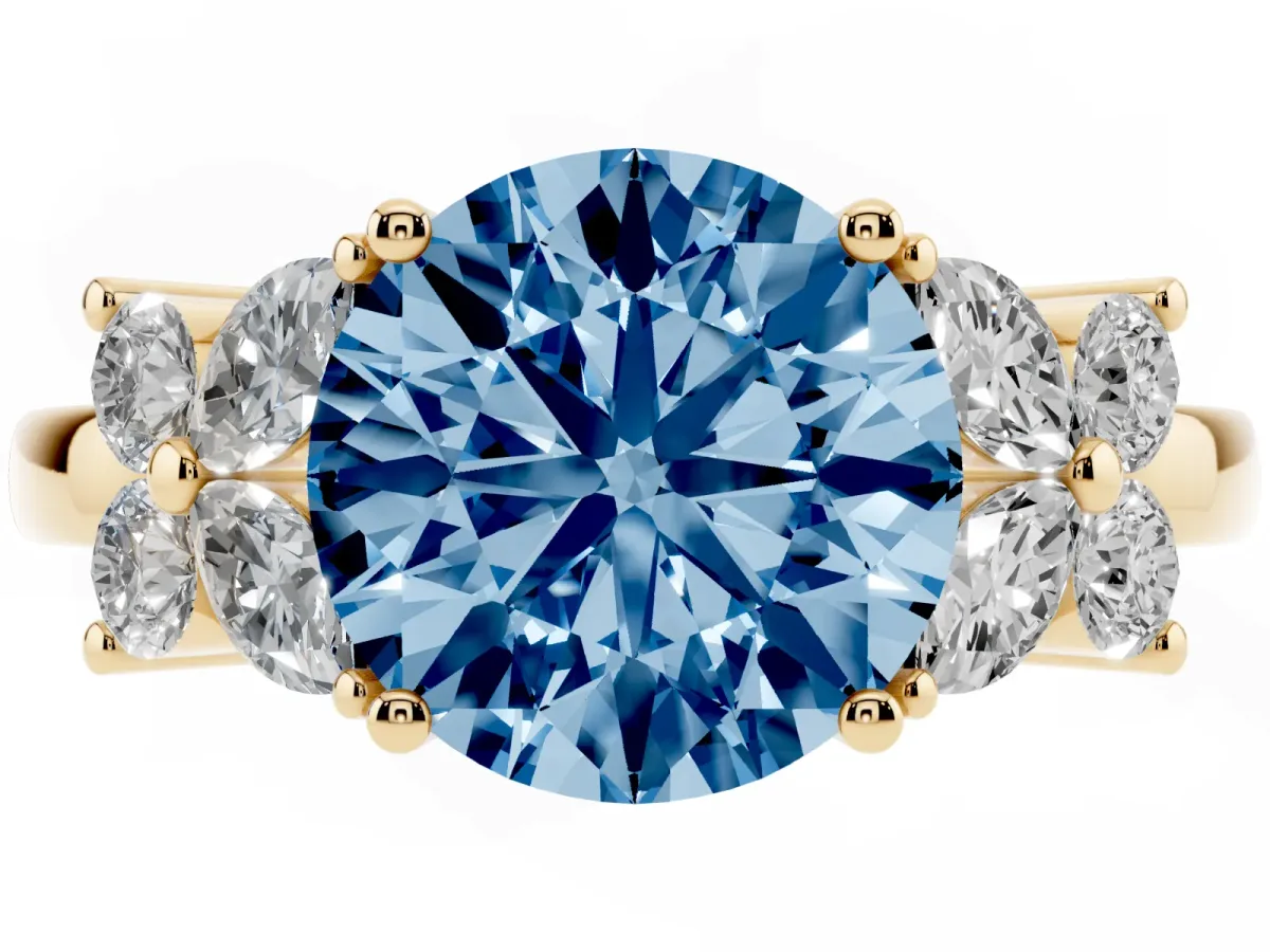 Fancy Blue Round Cut Diamond Floral Cluster Ring with Solitaire Band and Prong Setting Yellow gold