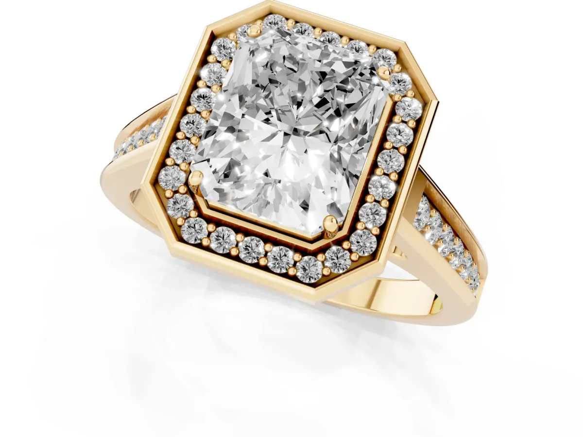 Emerald Cut Halo Solitaire Diamond Ring with Pave Band and Bezel Setting Yellow gold