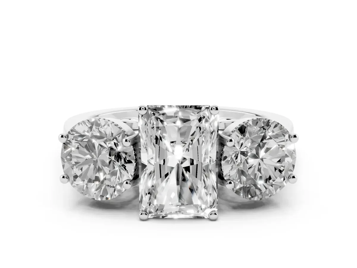 Three-Stone Radiant Cut Diamond Engagement Ring with Prong Setting on a Classic Band Silver