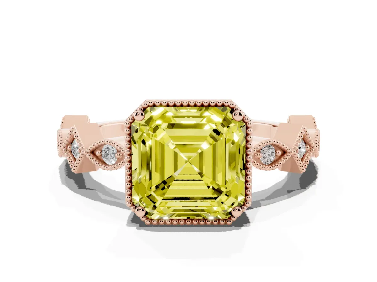 Fancy Yellow Asscher Cut Milgrain Marquise Diamond Twist Band Ring Rose gold