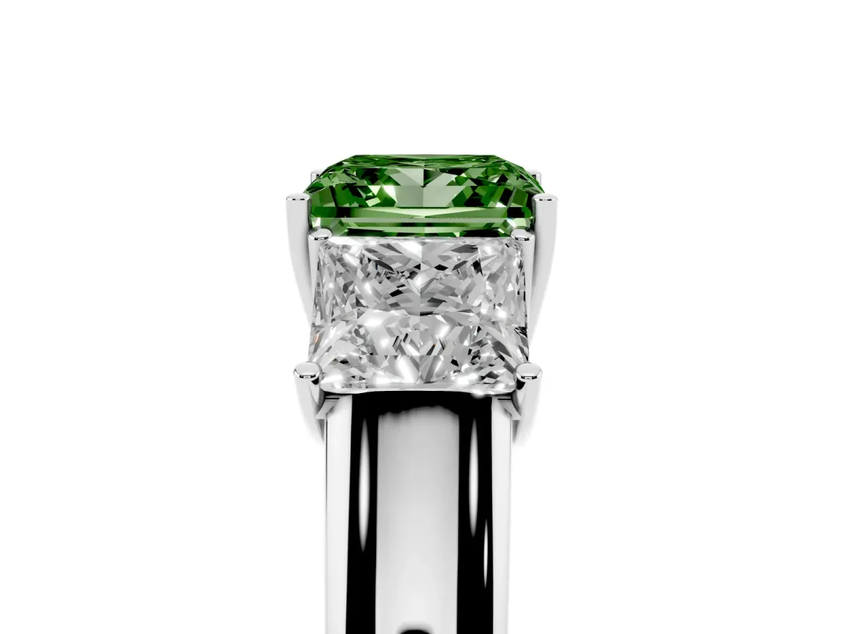 Fancy Green Three-Stone Princess Cut Cut Diamond Ring with Prong Setting and Classic Band Platinum