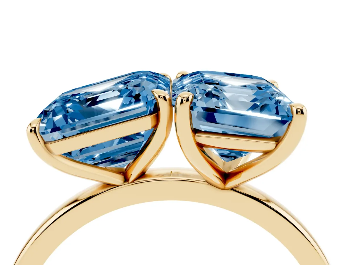 Fancy Blue Asscher Cut and Emerald Cut Toi Moi Ring with Prong Setting Yellow gold