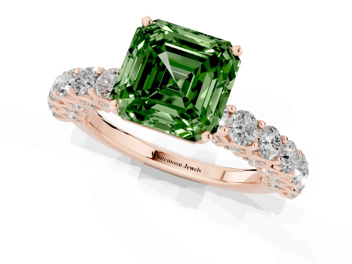 Fancy Green Asscher Cut Diamond Solitaire Ring with Shared Prong Pavé Band and Four-Prong Setting Rose gold