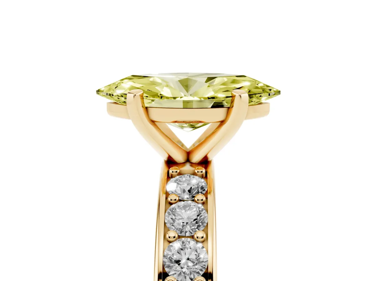 Fancy Yellow Marquise Cut Diamond Engagement Ring with Channel Set Round Band and Prong Setting Yellow gold