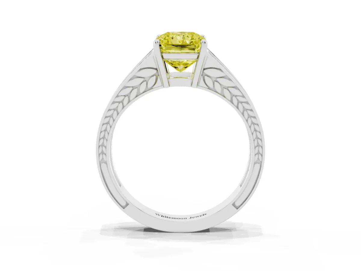 Fancy Yellow Radiant Cut Diamond Split Shank Ring with Pavé Band and Four-Prong Setting Platinum