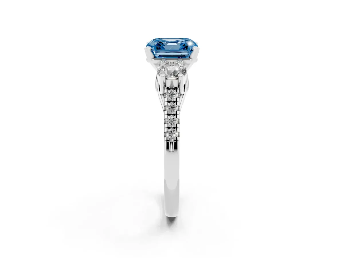 Fancy Blue Three-Stone Asscher Cut Diamond Pavé Band with Four-Prong Setting Platinum