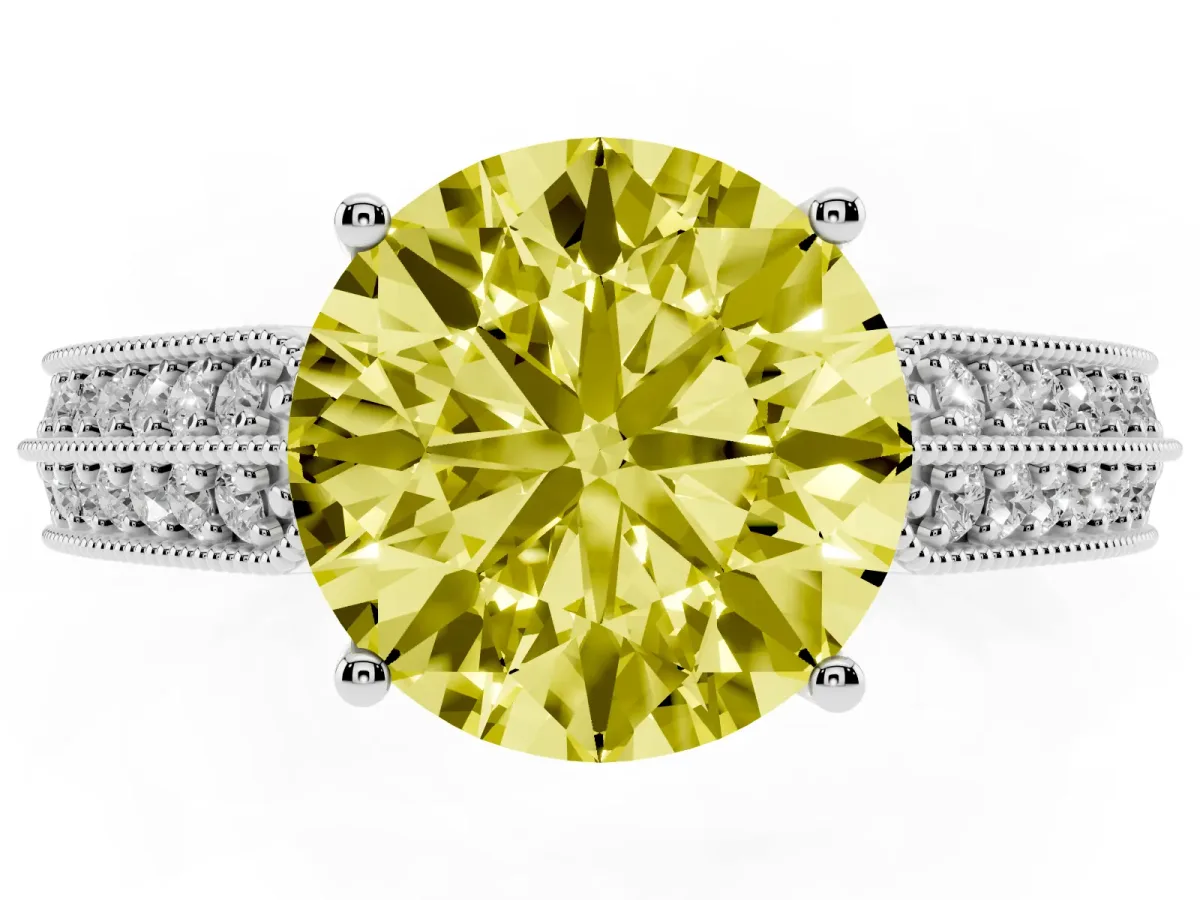 Fancy Yellow Round Cut Cut Pave Split Shank Engagement Ring with Four-Prong Setting White gold