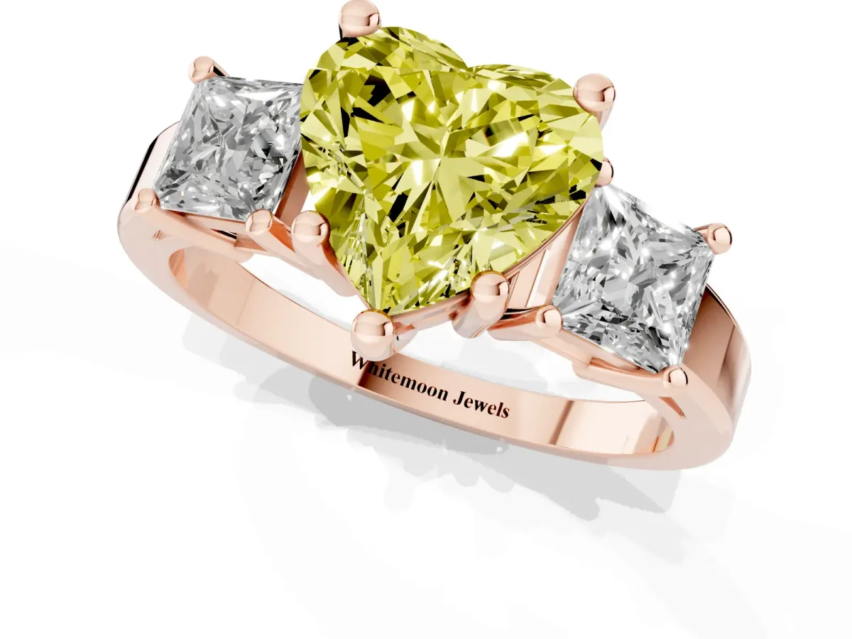 Fancy Yellow Three-Stone Heart Cut Cut Solitaire Ring with Prong Setting Rose gold