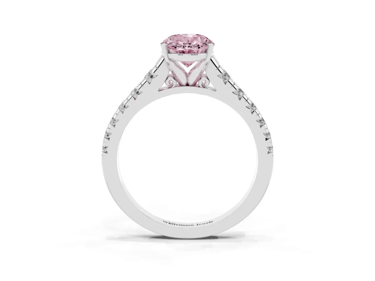 Fancy Pink Oval Cut Diamond Cathedral Solitaire Ring with Round Pavé Band Silver
