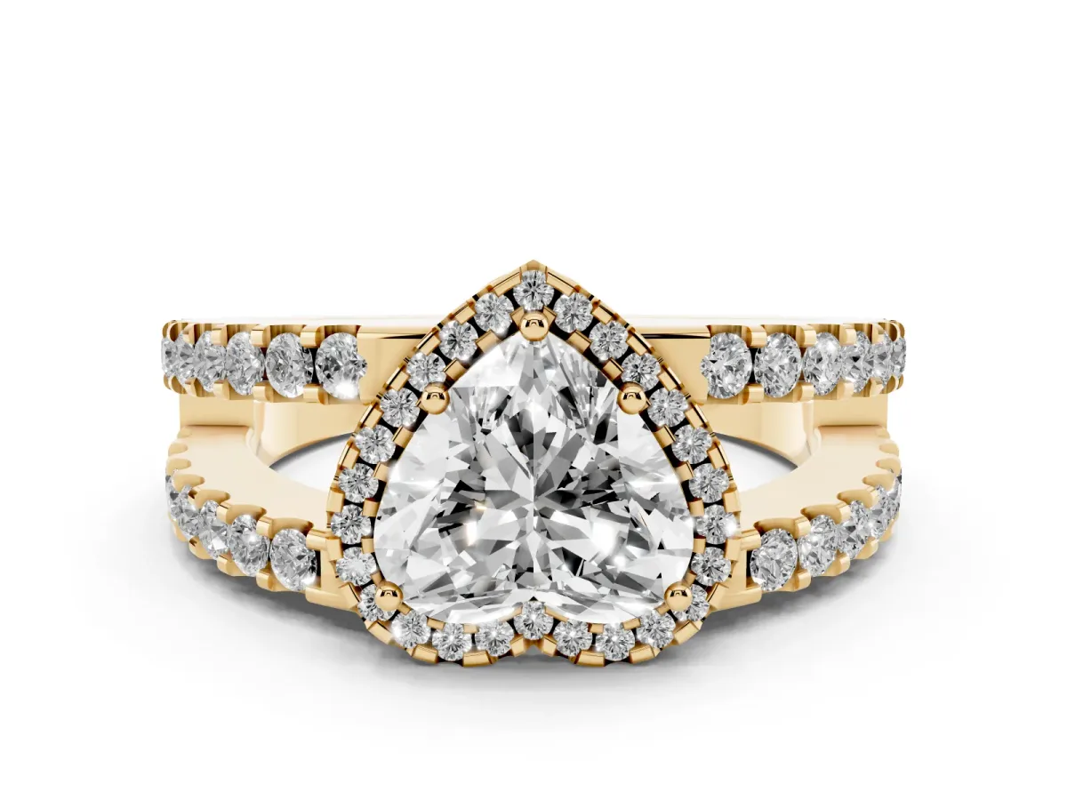 Heart Cut Cut Halo Split Shank Diamond Ring with Four-Prong Setting Yellow gold