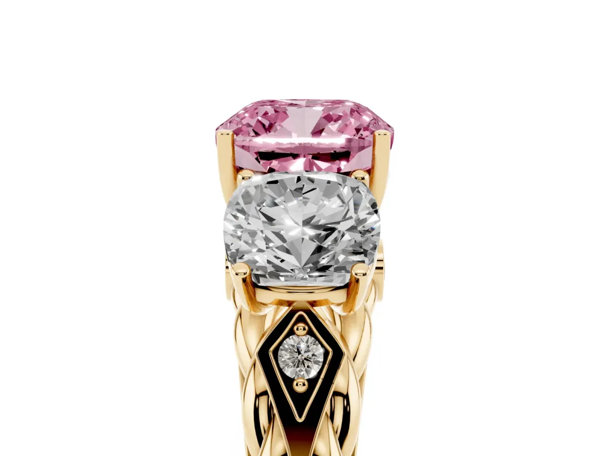 Fancy Pink Three-Stone Cushion Cut Diamond Braided Band Ring with Four-Prong Setting Yellow gold