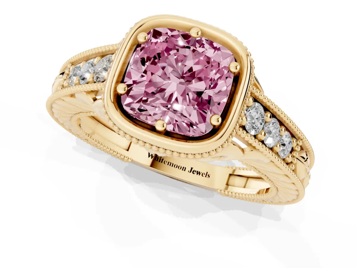 Fancy Pink Bezel Set Cushion Cut Diamond Milgrain Pave Engagement Ring Yellow gold