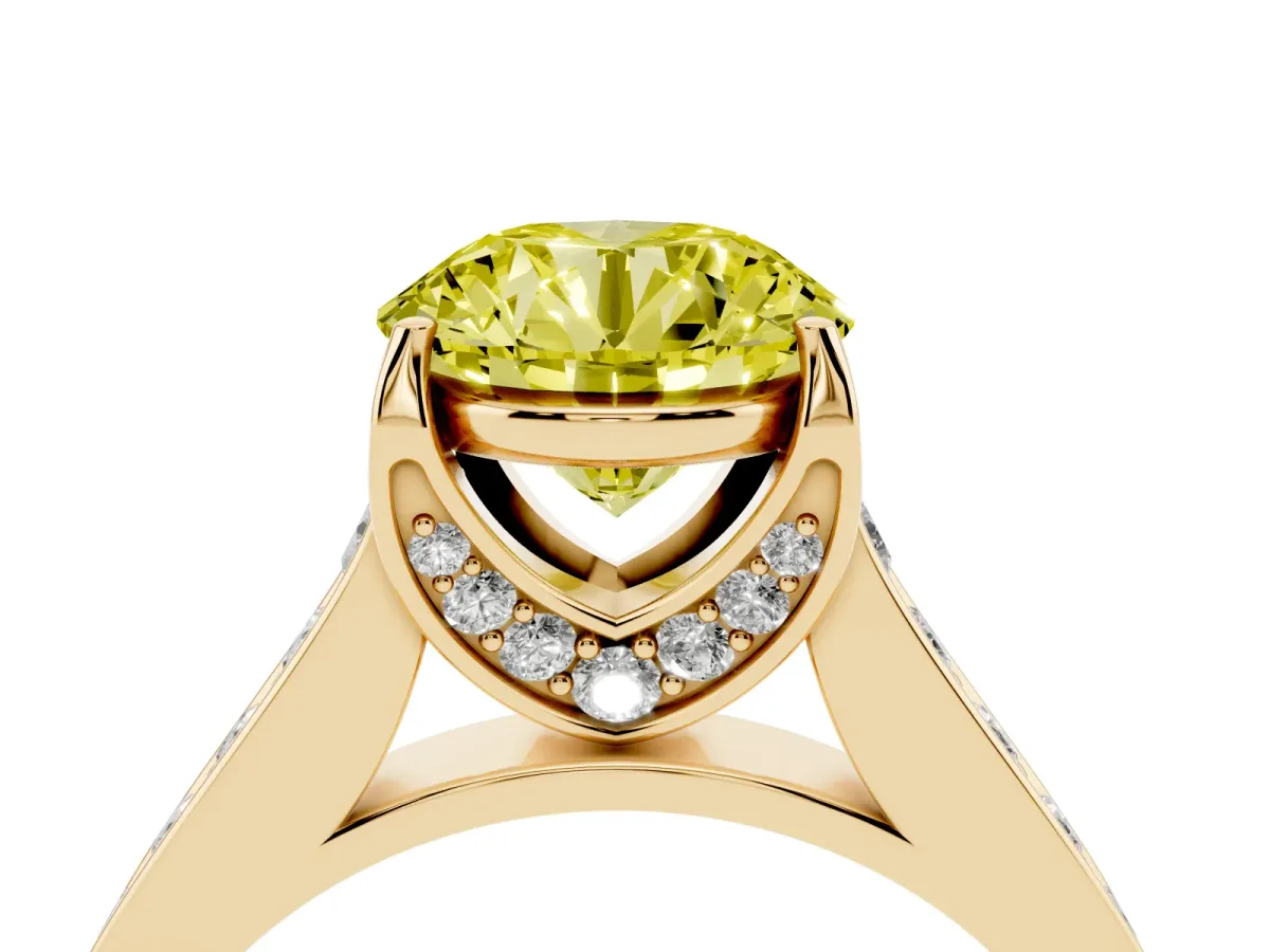 Fancy Yellow Round Cut Brilliant Cut Diamond Engagement Ring with Pavé Band and Four-Prong Setting Yellow gold