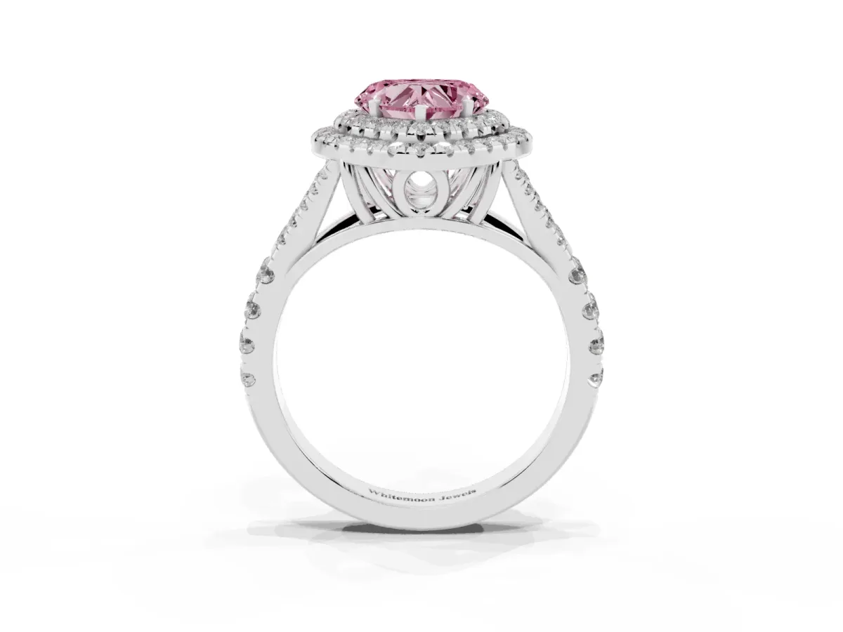 Fancy Pink Double Halo Heart Cut Diamond Split Shank Engagement Ring with Four-Prong Setting Silver