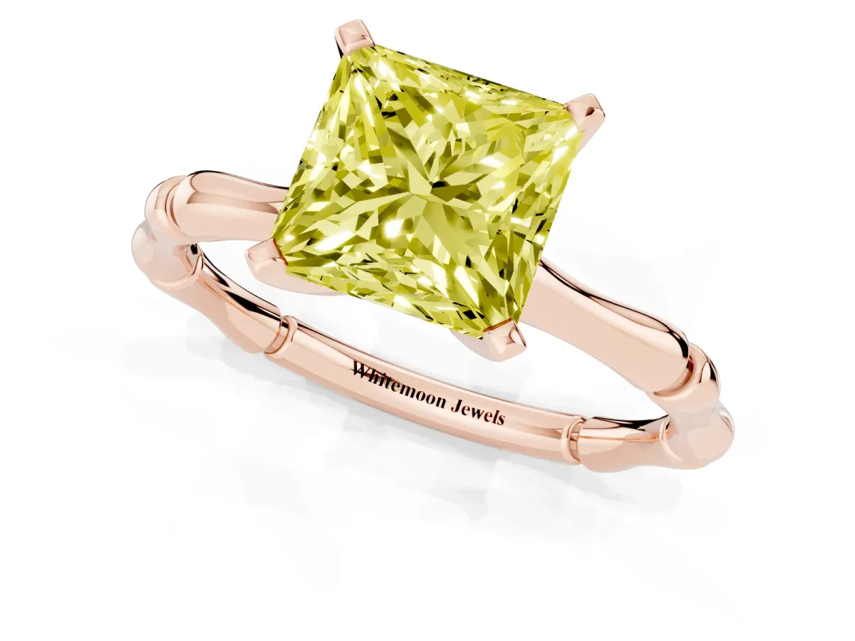 Fancy Yellow Princess Cut Solitaire Diamond Ring with Bamboo Band and Four-Prong Setting Rose gold