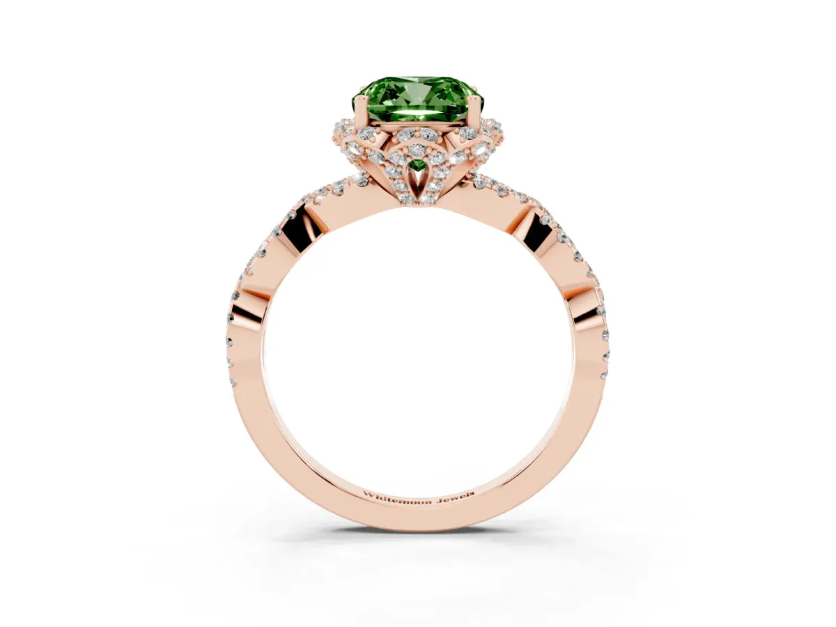 Fancy Green Cushion Cut Halo Twist Band Solitaire Ring with Six-Prong Setting Rose gold
