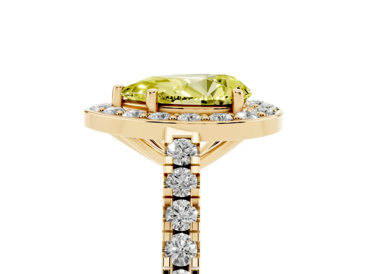 Fancy Yellow Pear Cut Diamond Halo Ring with Round Pavé Split Shank and Prong Setting Yellow gold
