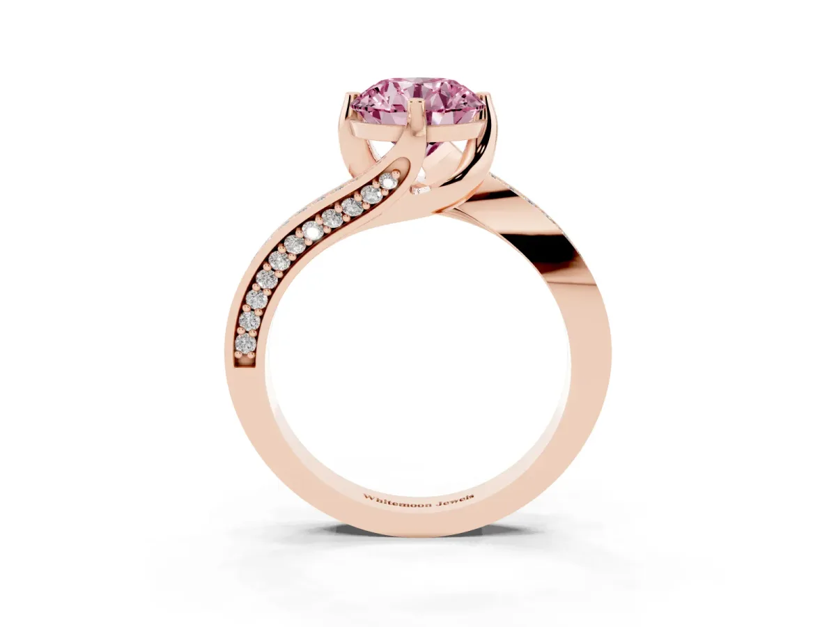 Fancy Pink Round Cut Solitaire Diamond Twist Band with Pavé Setting and Four-Prong Setting Rose gold