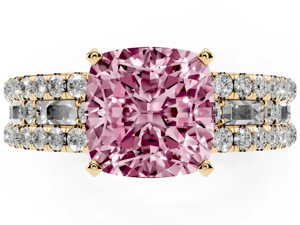 Fancy Pink Cushion Cut Diamond Solitaire Ring with Pavé and Channel Set Band Yellow gold