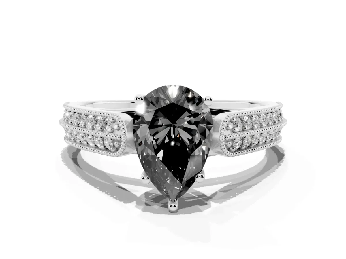 Fancy Black Pear Cut Cut Pave Split Shank Engagement Ring with Four-Prong Setting Silver