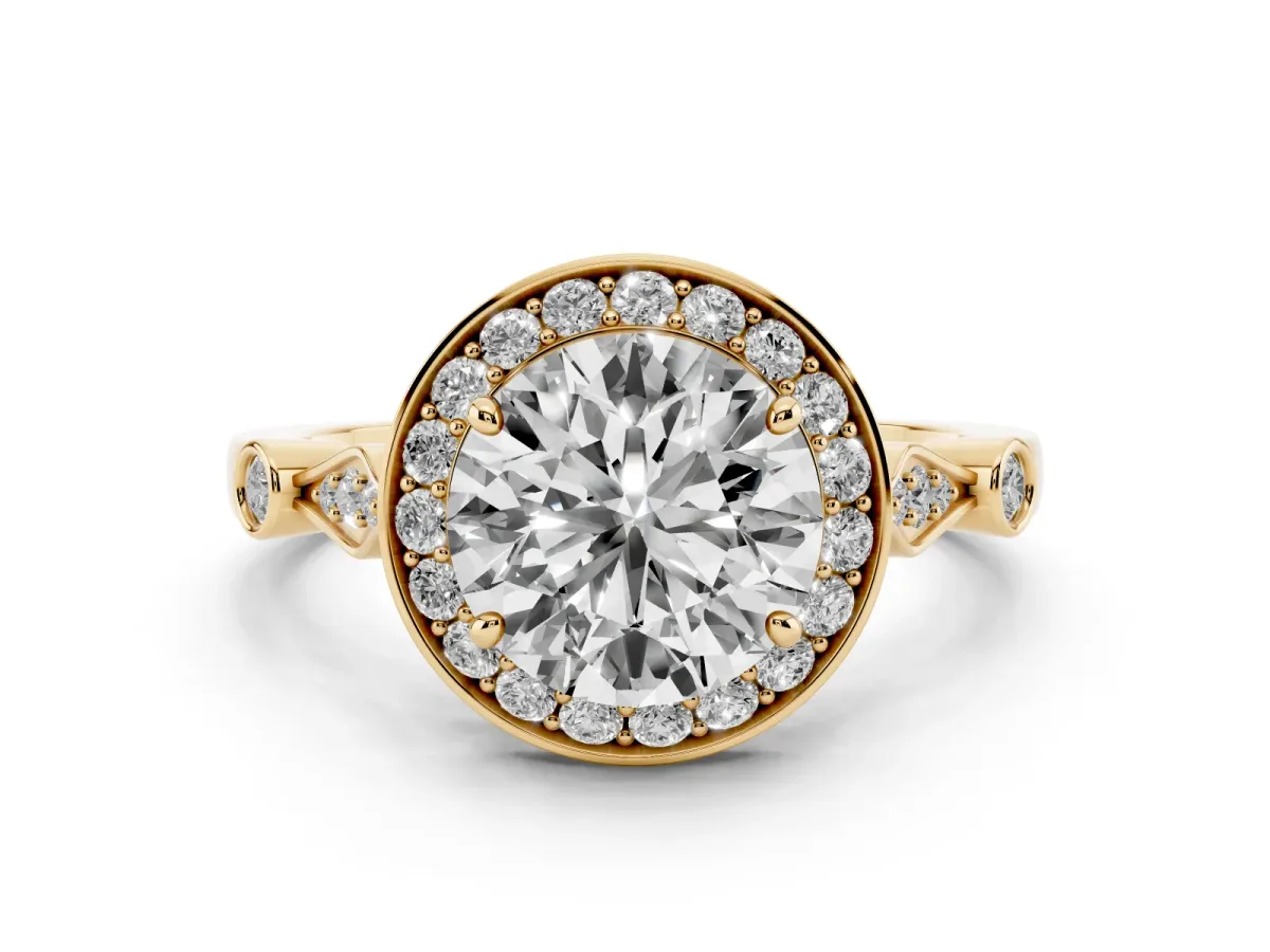 Round Cut Halo Diamond Engagement Ring with Twisted Band and Four-Prong Setting Yellow gold