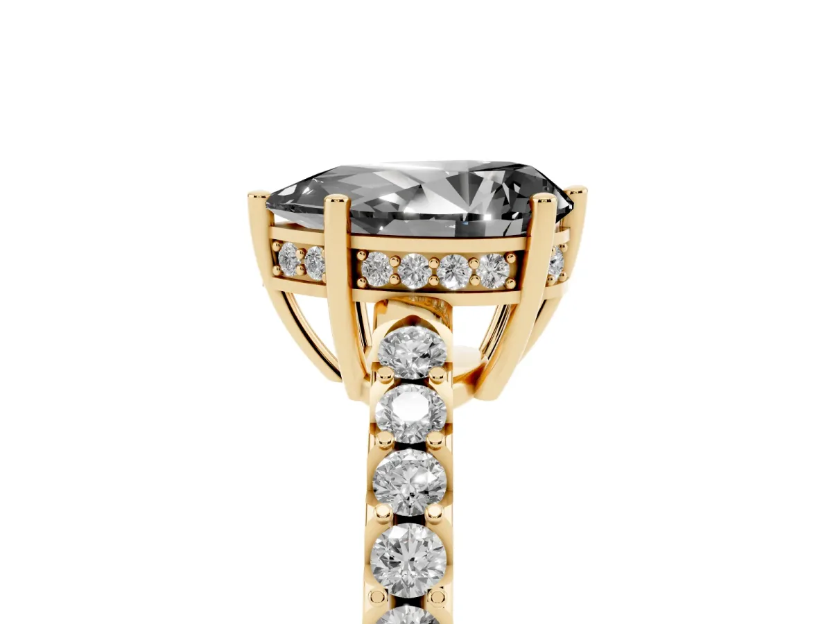 Fancy Black Pear Cut Solitaire Diamond Engagement Ring with Pavé Band and Six-Prong Setting Yellow gold
