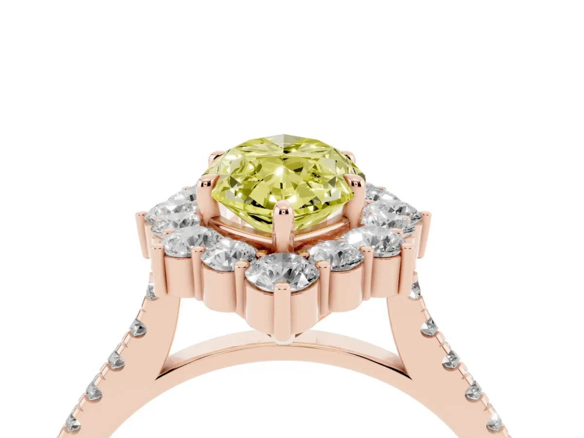 Fancy Yellow Marquise Cut Halo Diamond Ring with Pavé Band and Prong Setting Rose gold