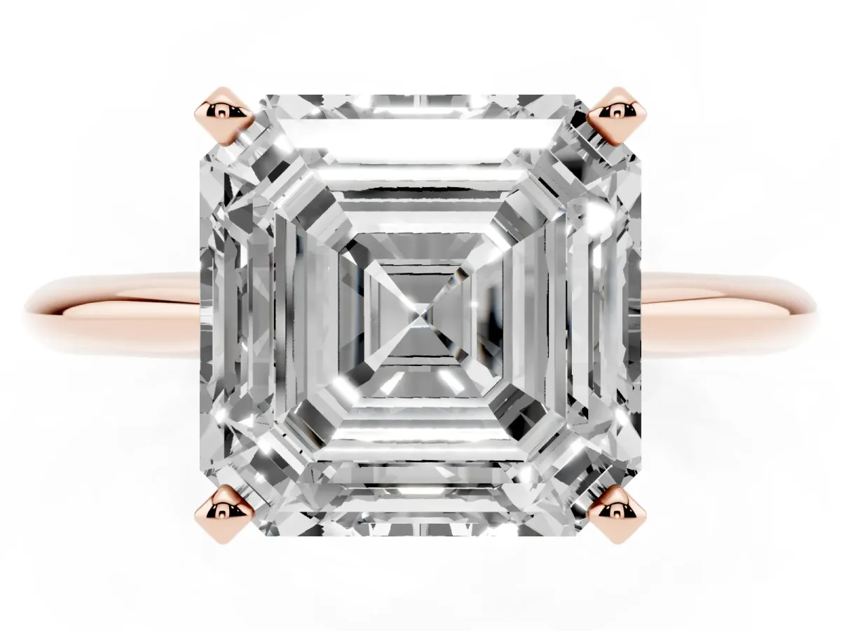 Asscher Cut Cut Solitaire Ring with Four-Prong Setting on a Classic Band Rose gold