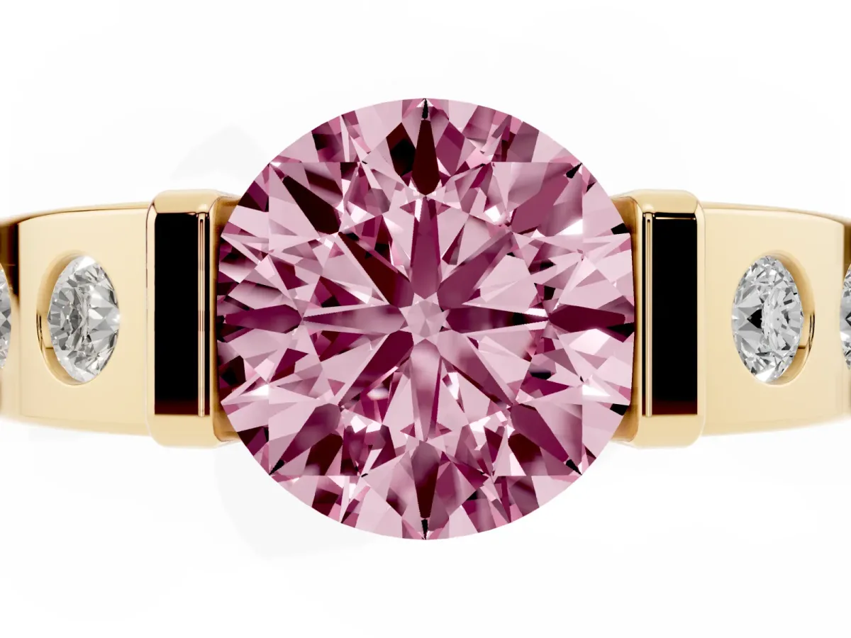 Fancy Pink Round Cut Brilliant Channel-Set Diamond Ring with Bezel Prong Setting Yellow gold