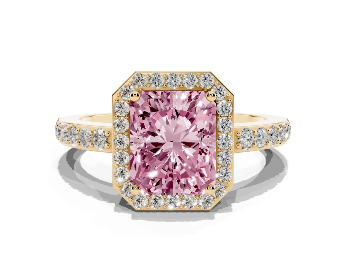 Fancy Pink Radiant Cut Halo Diamond Pavé Band Ring with Prong Setting Yellow gold