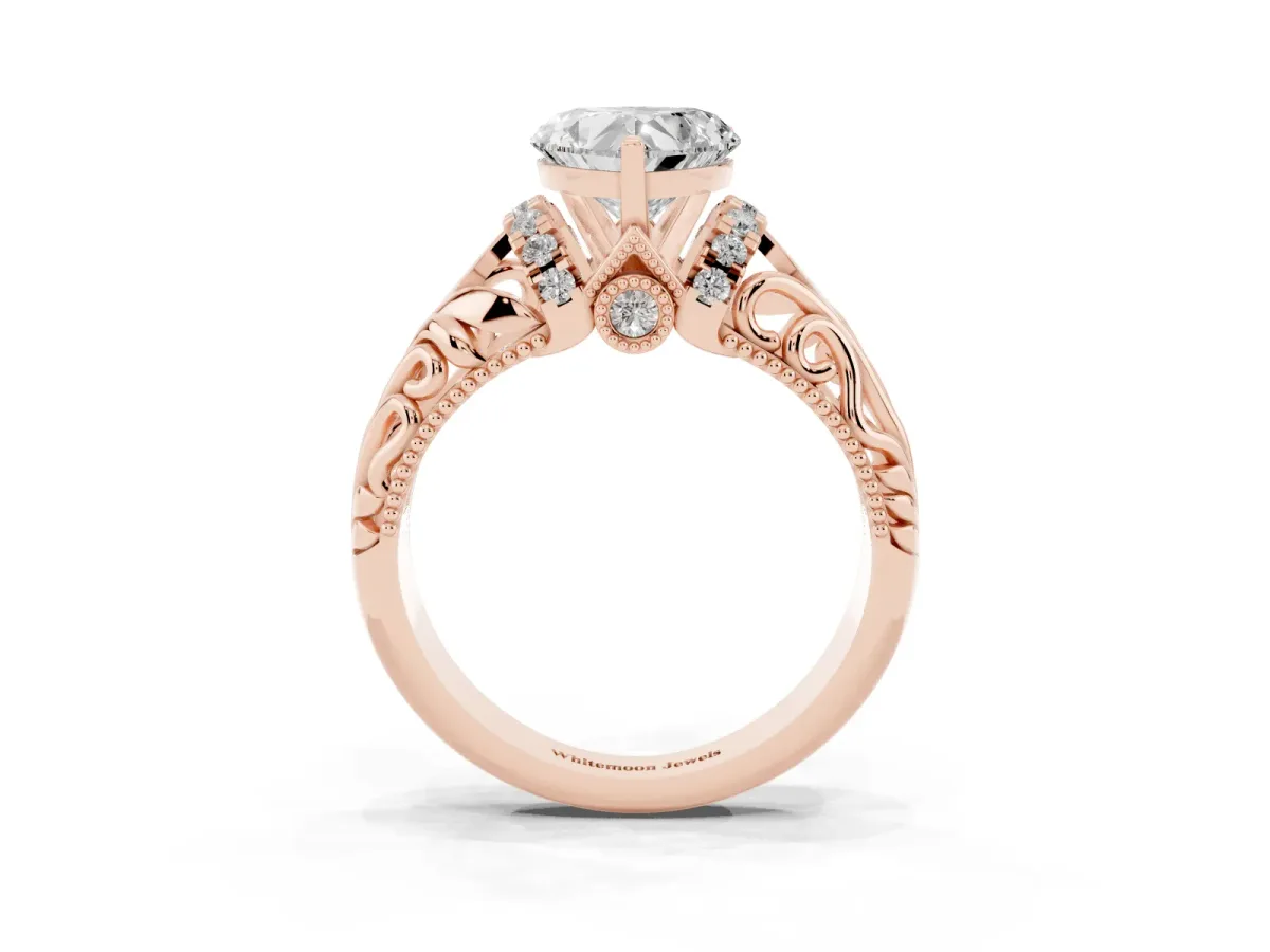 Heart Cut Solitaire Filigree Engagement Ring with Halo and Prong Setting Rose gold