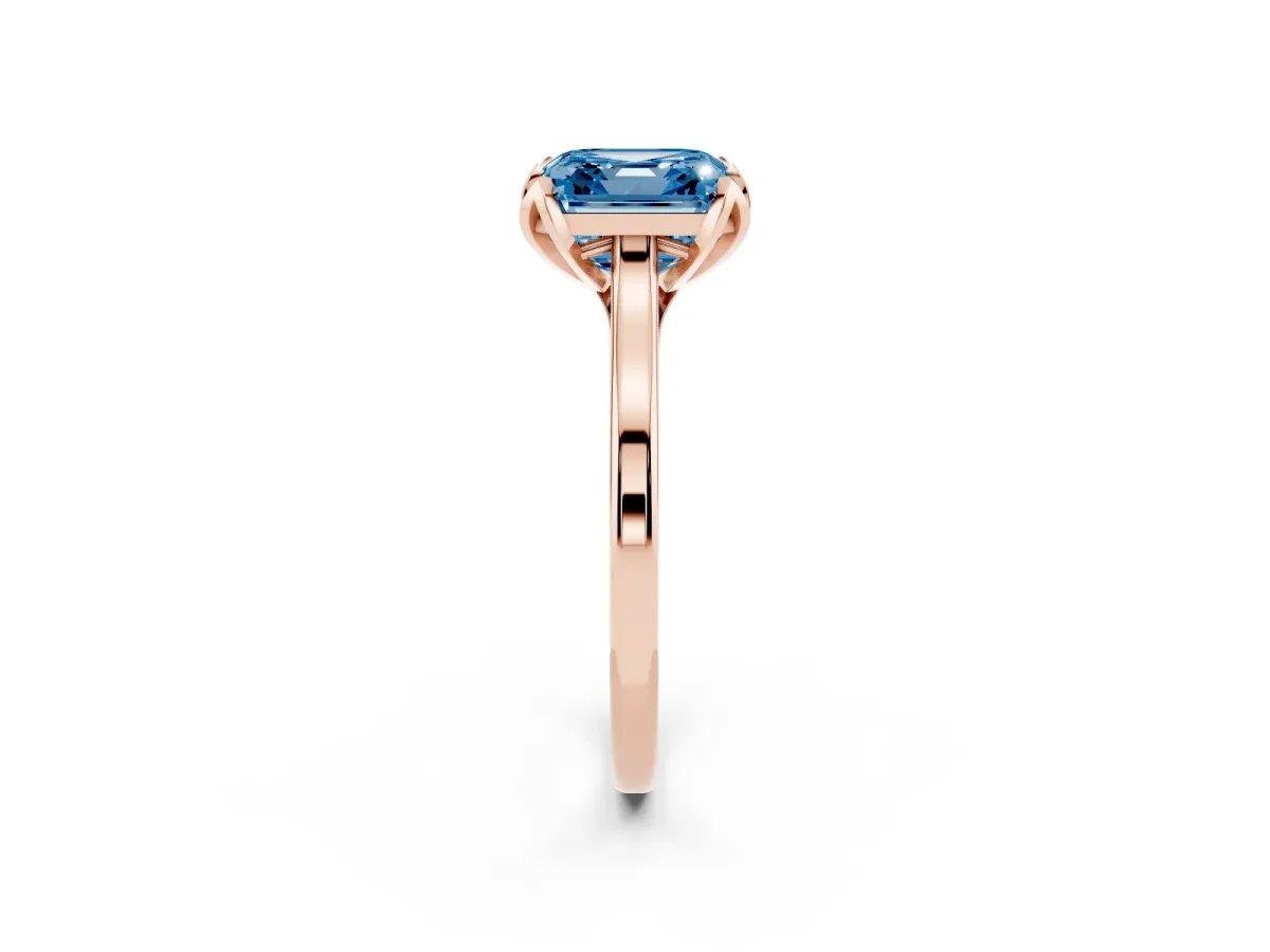 Fancy Blue Asscher Cut Diamond Solitaire Ring with Flower Prong Setting and Classic Band Rose gold