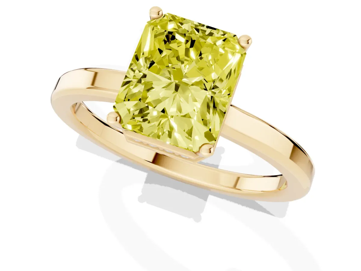 Fancy Yellow Radiant Cut Cut Solitaire Engagement Ring with Four-Prong Setting on a Classic Band Yellow gold
