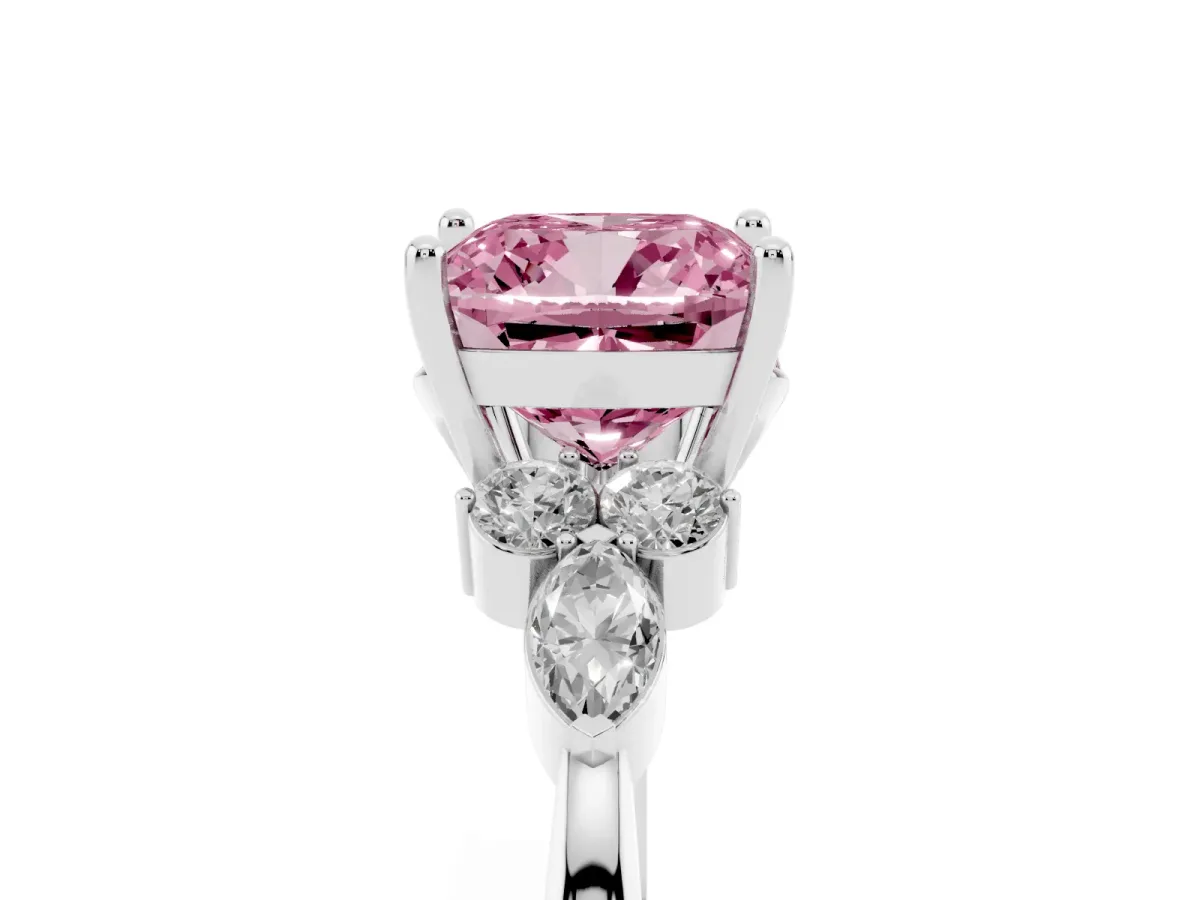 Fancy Pink Cushion Cut Brilliant Diamond Solitaire Ring with Pear Side Stones and Four-Prong Setting Silver