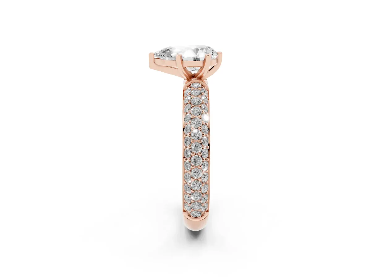 Pear Cut Diamond Solitaire Ring with Prong Setting and Pavé Band Rose gold