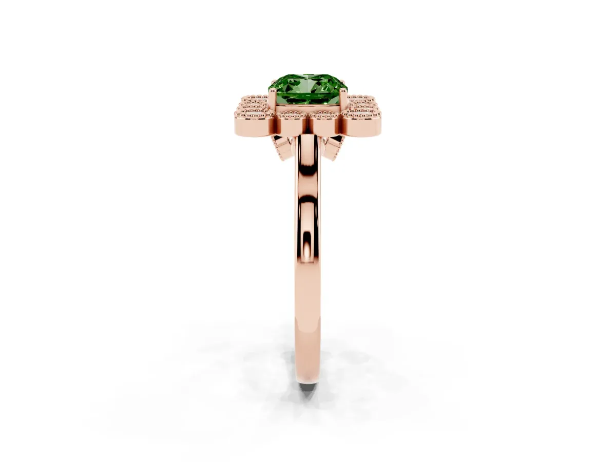 Fancy Green Cushion Cut Halo Diamond Cluster Engagement Ring with Milgrain Bezel Setting and Solitaire Band Rose gold