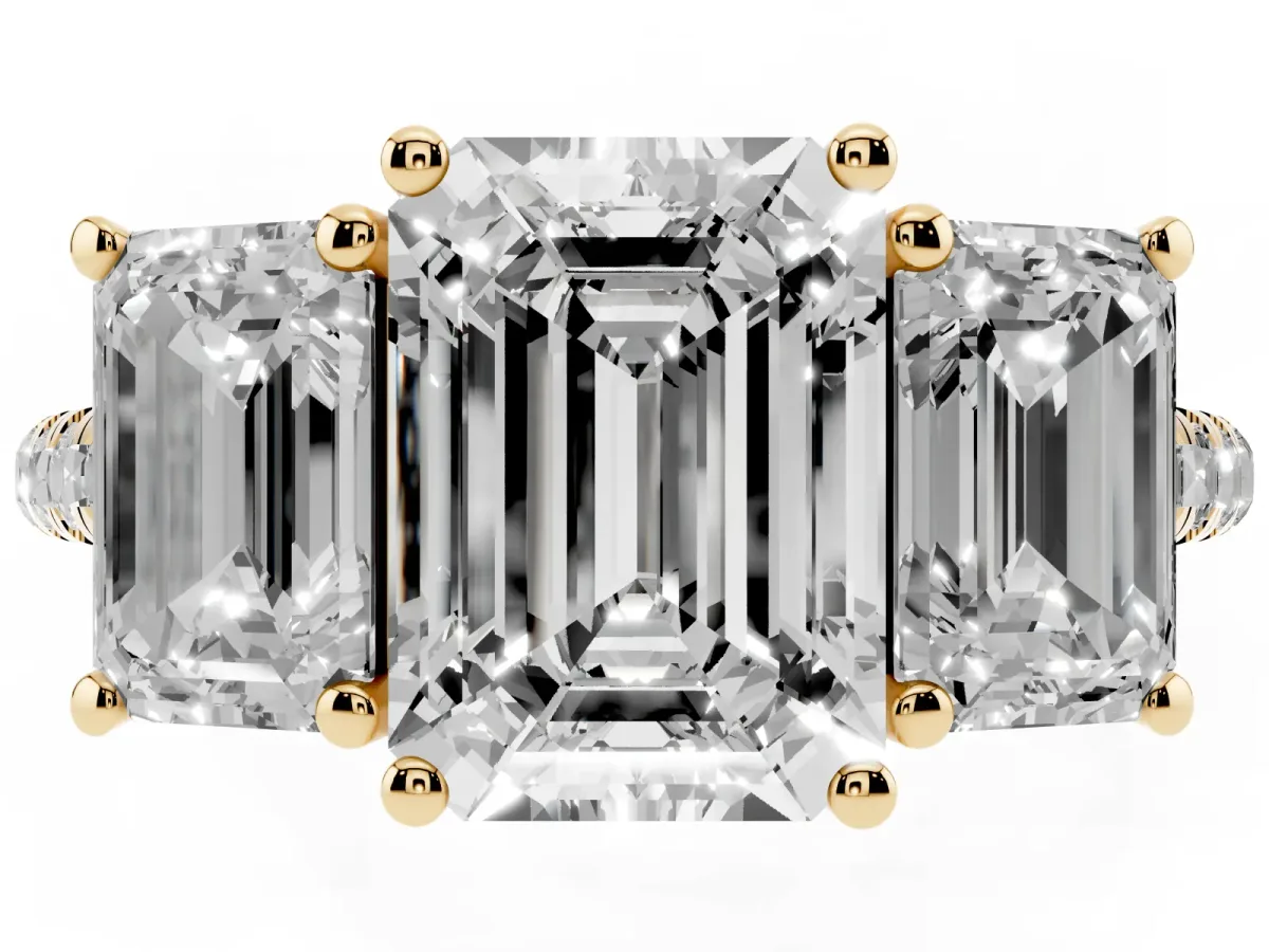 Three-Stone Emerald Cut Diamond Ring with Round Pavé Band and Prong Setting Yellow gold