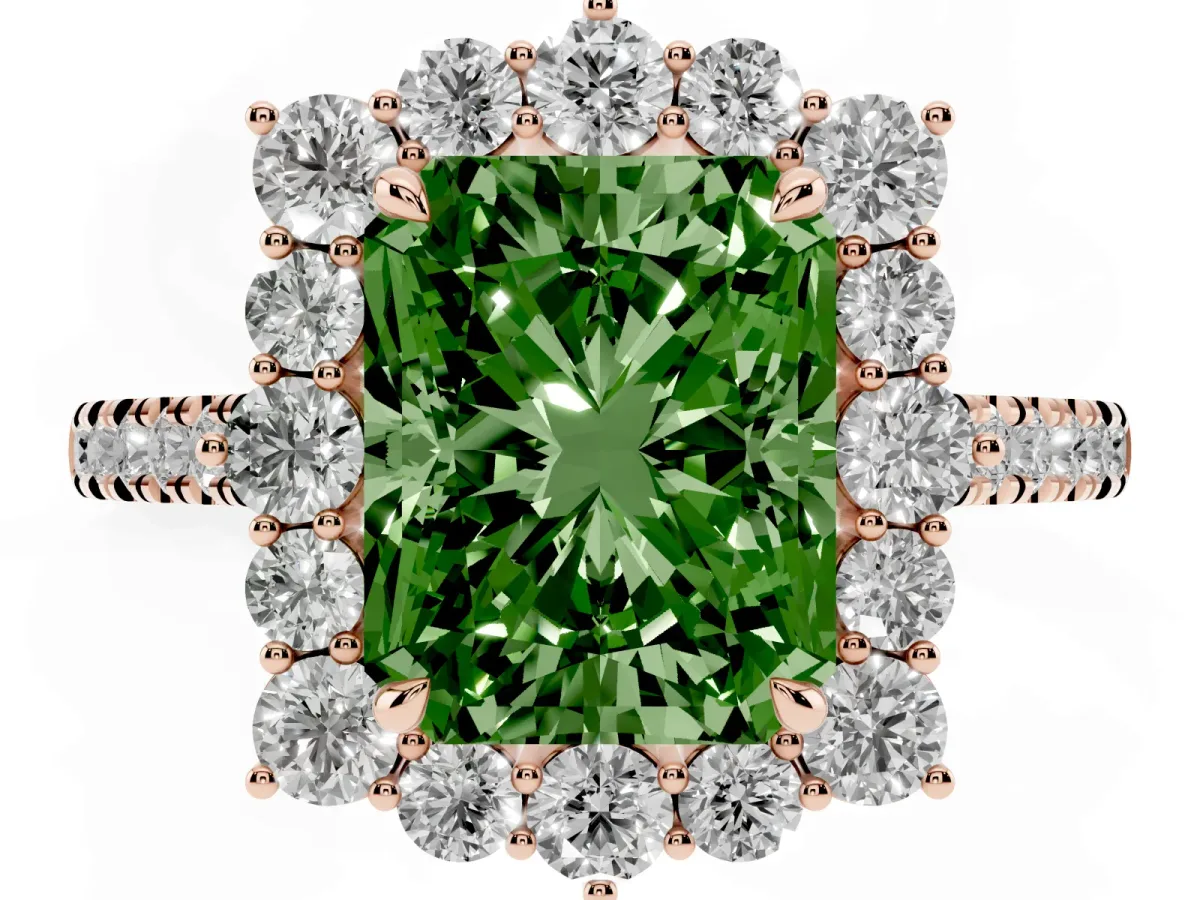 Fancy Green Radiant Cut Halo Diamond Ring with Pavé Band and Prong Setting Rose gold