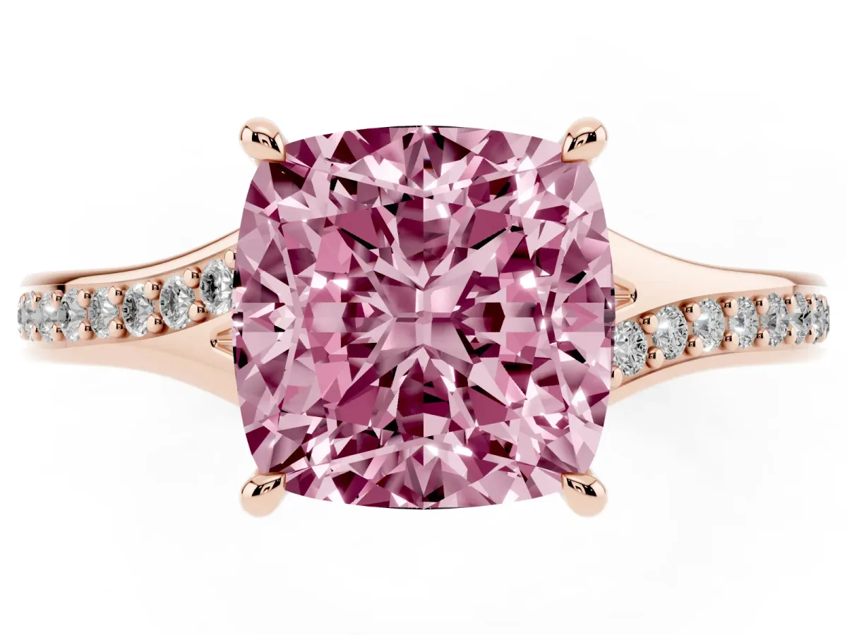 Fancy Pink Cushion Cut Diamond Solitaire Ring with Pavé Band and Prong Setting Rose gold