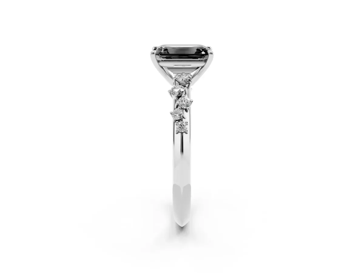 Fancy Black Emerald Cut Diamond Cluster Side Stone Solitaire Ring with Prong Setting Platinum