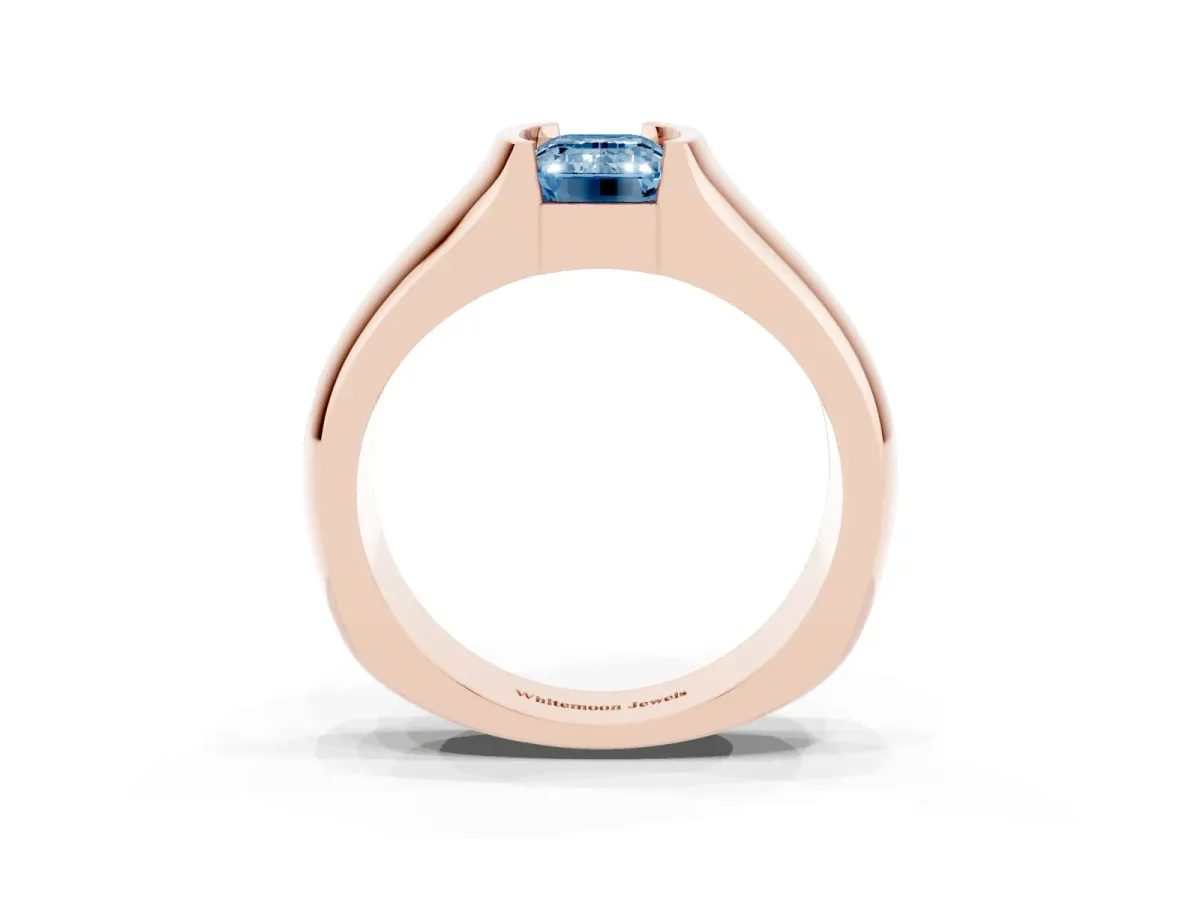 Fancy Blue Emerald Cut Solitaire Bezel Set Diamond Ring with Wide Band Rose gold