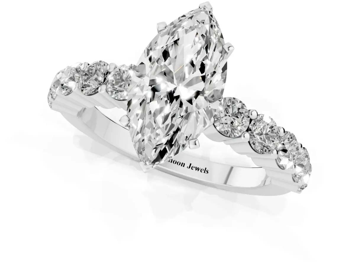 Marquise Cut Diamond Solitaire Ring with Shared Prong Round Side Stones Silver