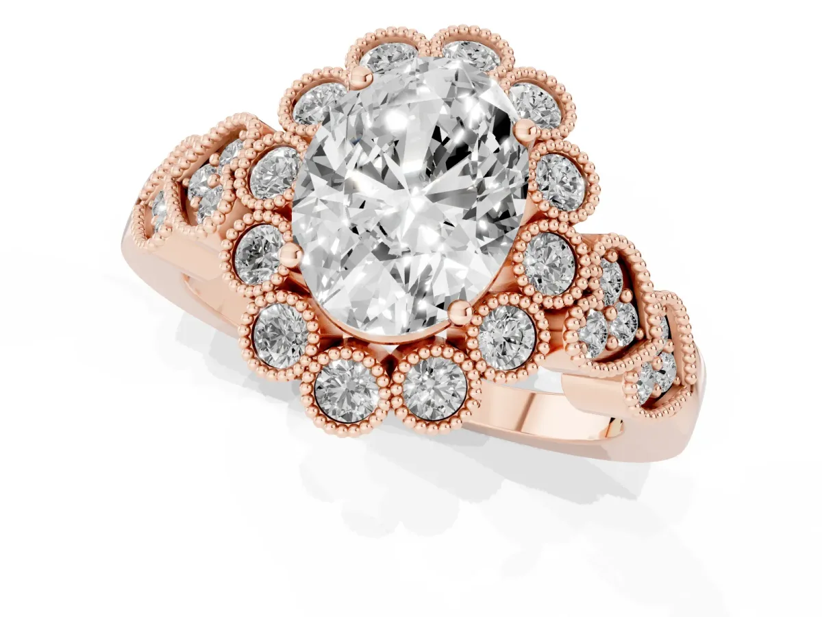 Oval Cut Brilliant Milgrain Pave Heart Band Solitaire Ring Rose gold